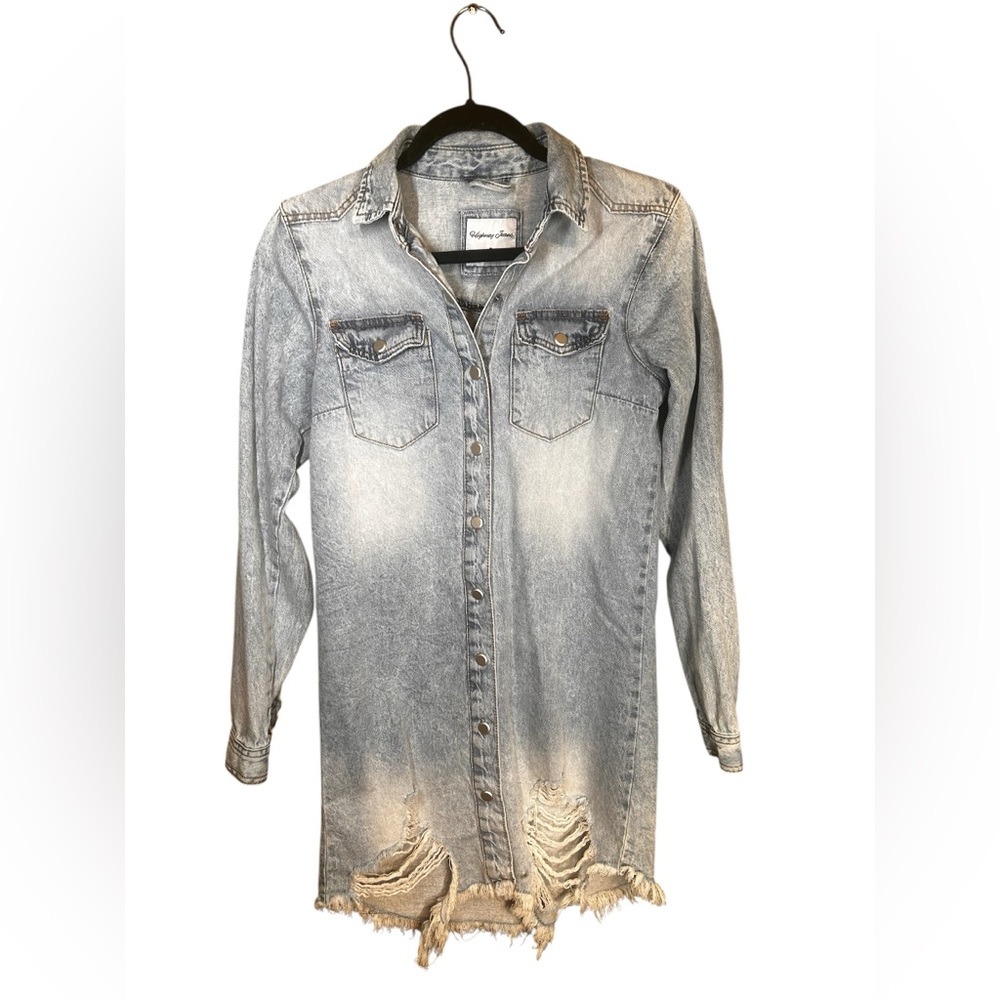 Highway Jeans Distressed Light Wash Denim Mini Dress